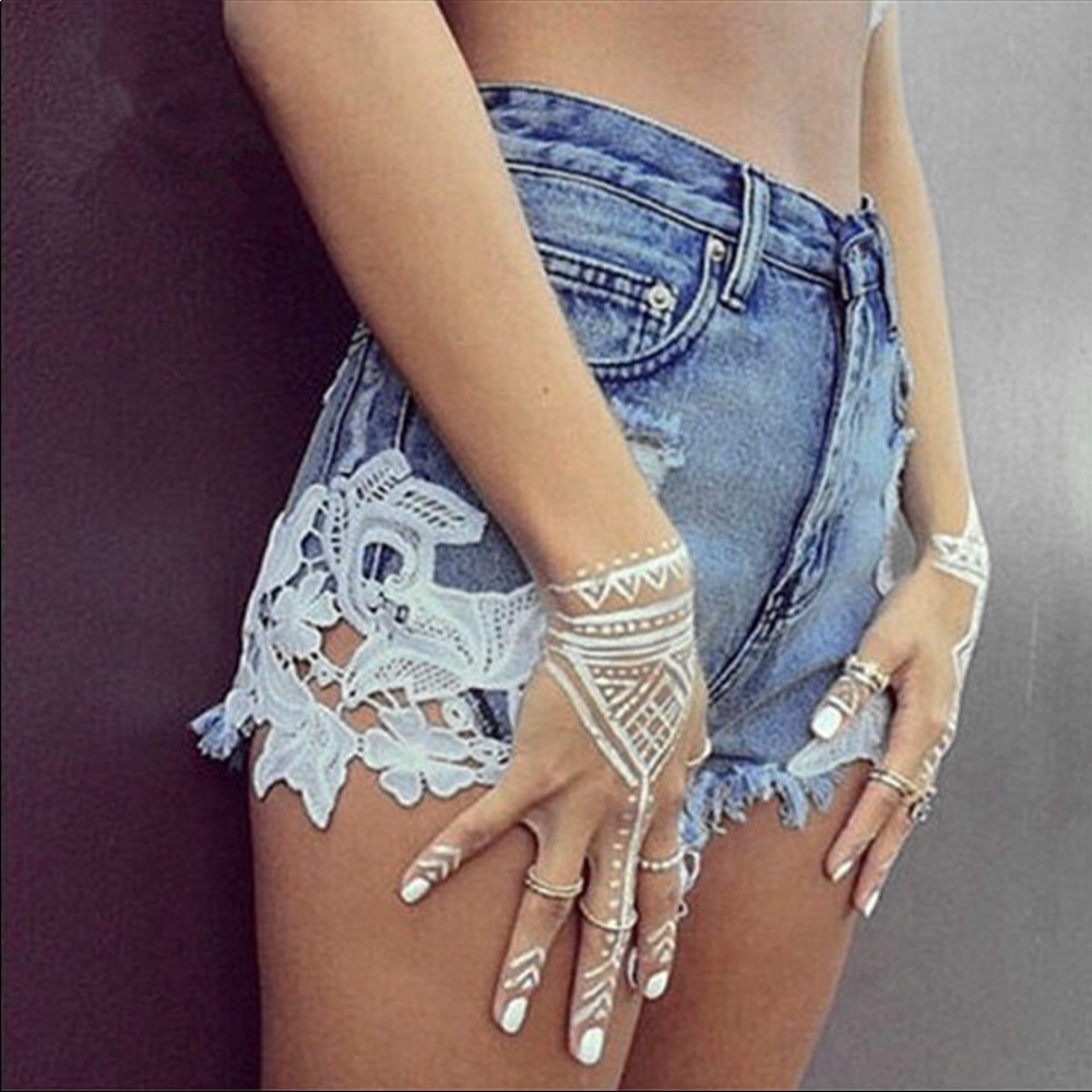 Bohemian lace crochet denim mid waist shorts